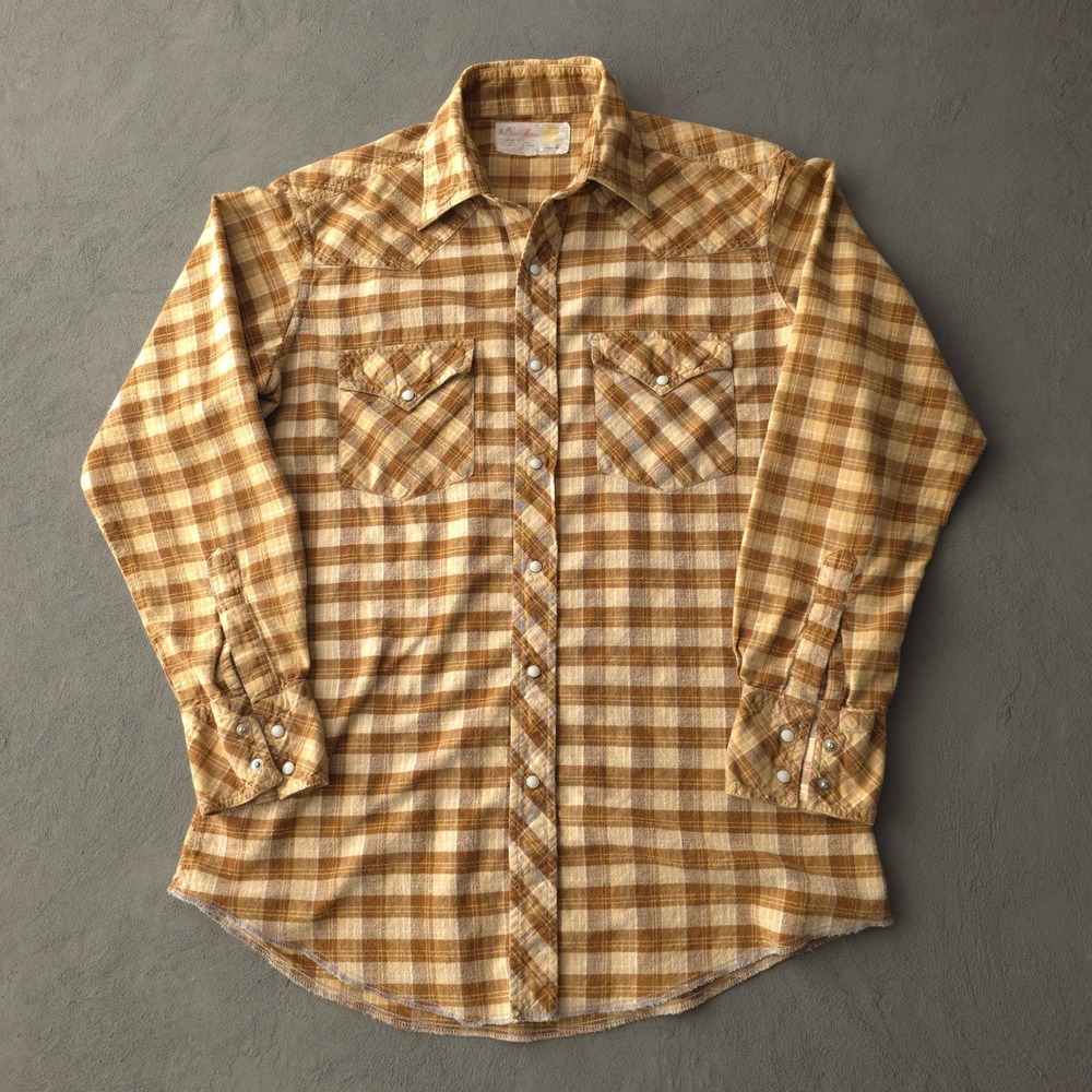Vintage 70s Golden Horse Brown Plaid Western Pearl Snap Shirt Large